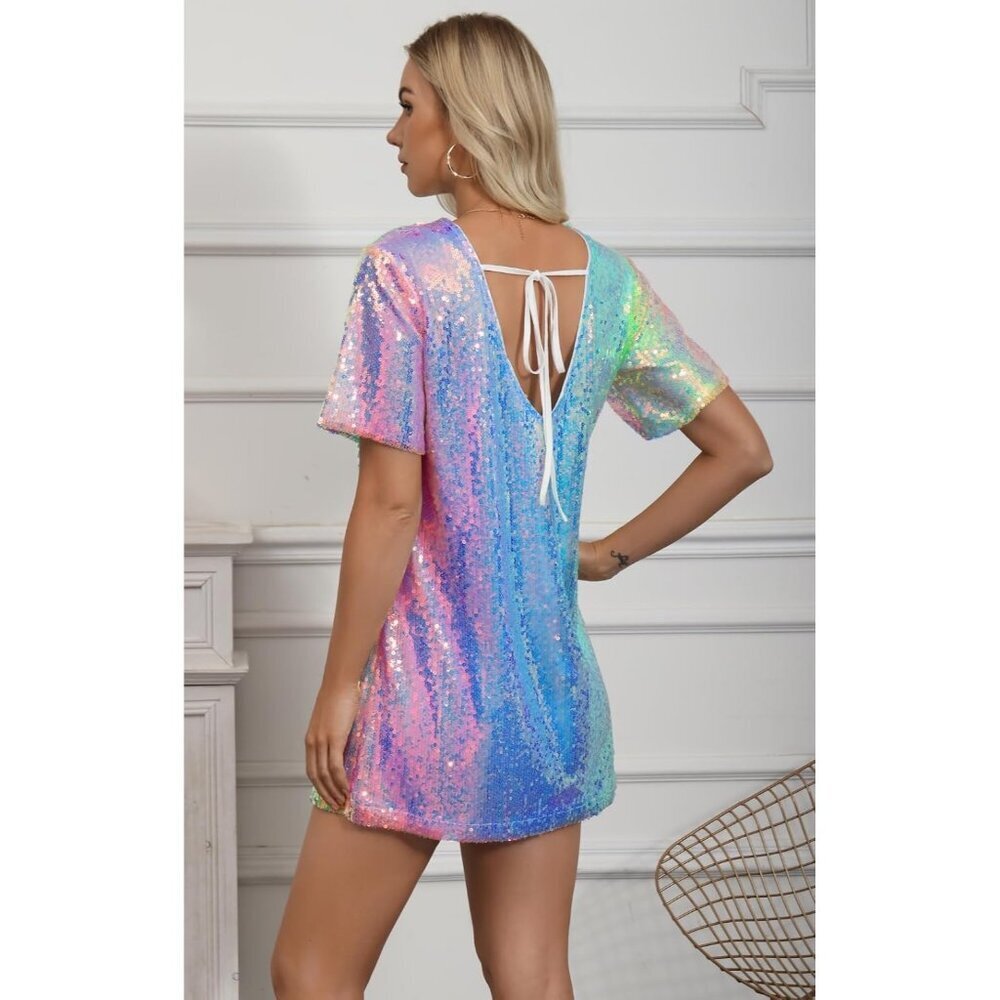 Women's Sequin Shift Dress Mini Crew Neck Sparkly V Neck Short Sleeve - Picture 5 of 6